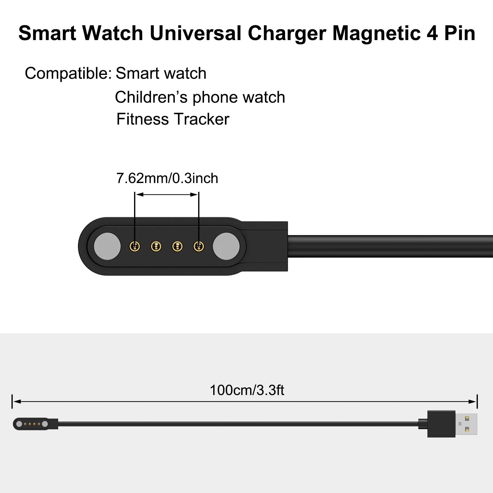 100cm Universal 7.62mm 2Pins 4Pins Strong Magnetic Charge Cable USB Charging Line Cord Holder Black For Smart Watches thumbnail 3