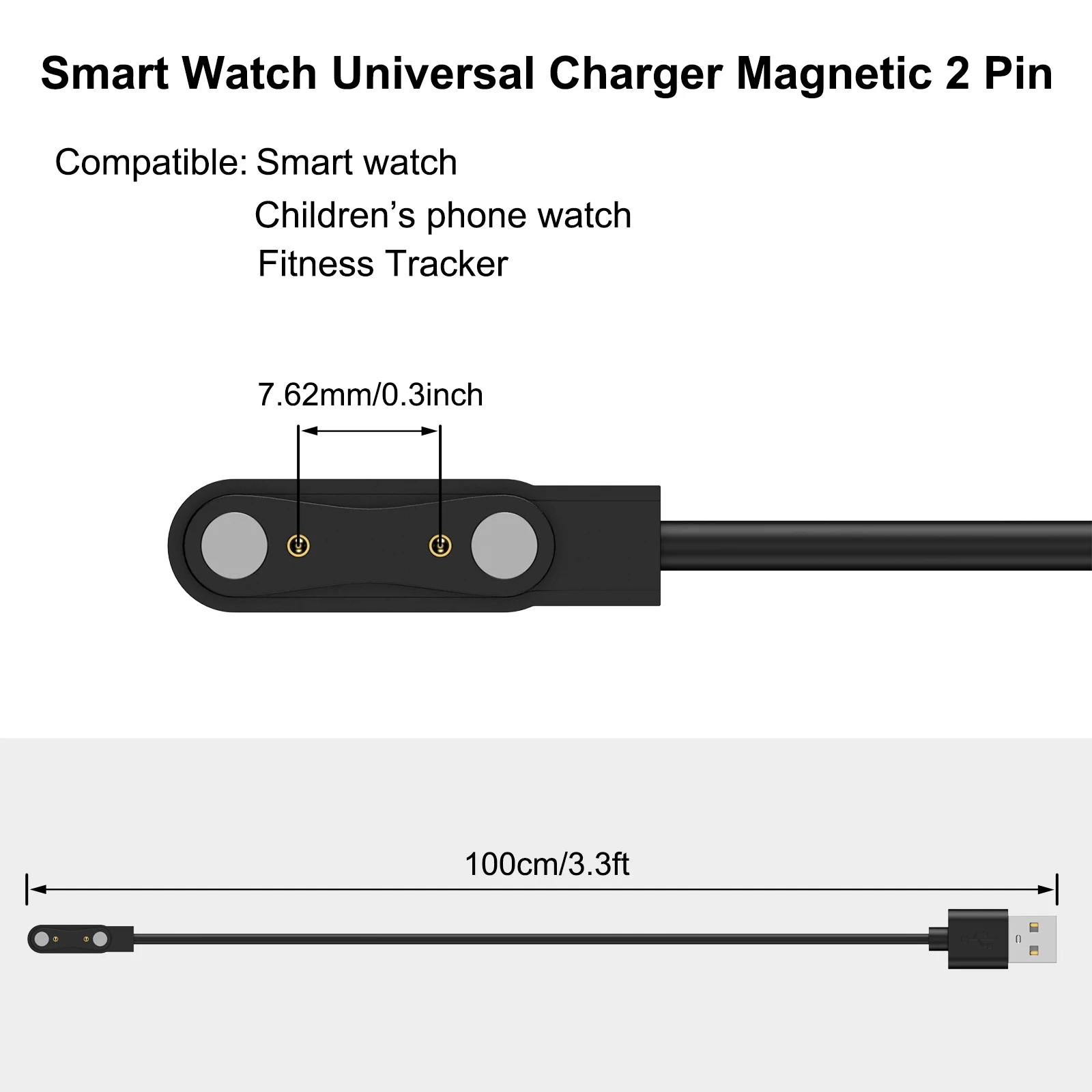 100cm Universal 7.62mm 2Pins 4Pins Strong Magnetic Charge Cable USB Charging Line Cord Holder Black For Smart Watches thumbnail 4