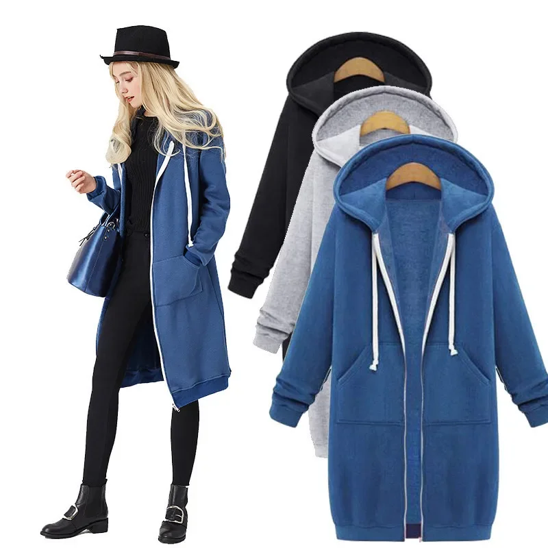 Autumn/Winter Women's Hooded Long Sleeve Medium-Length Sweatshirt Fleece Jacket Blue White Zipper-Up Chain Link Large Size thumbnail 2