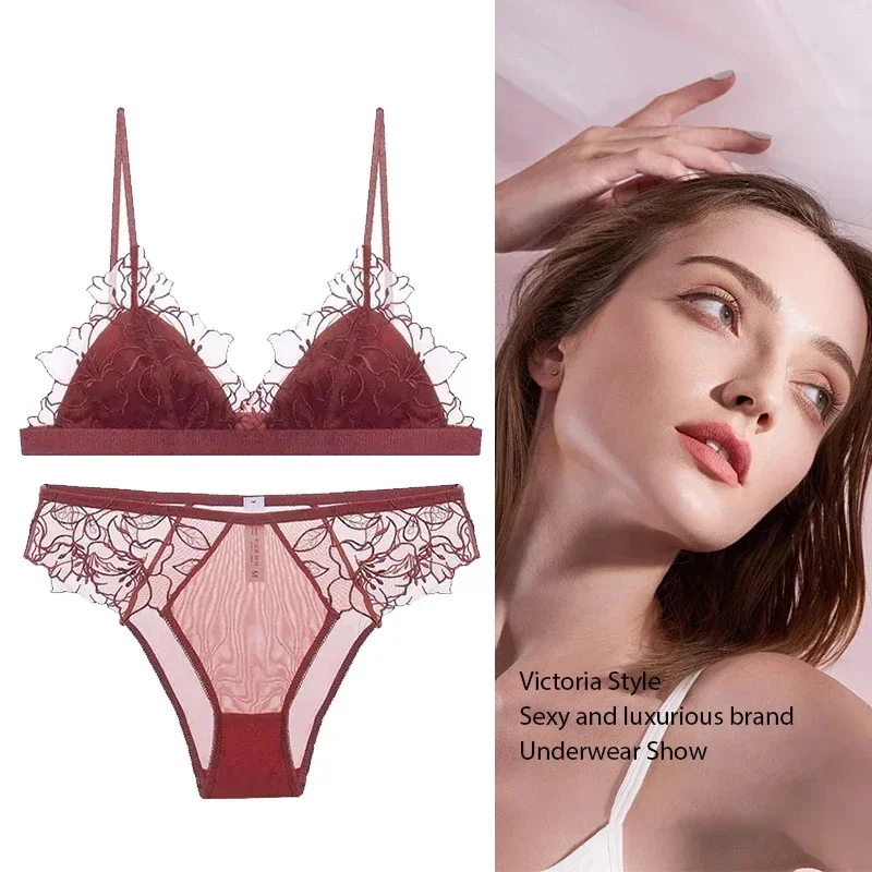 BANERDANNI Pure Desire Victoria French Lace Embroidered Lingerie Women's Thin Cup Triangle Cup Bra Set Comfortable No Underwire thumbnail 3