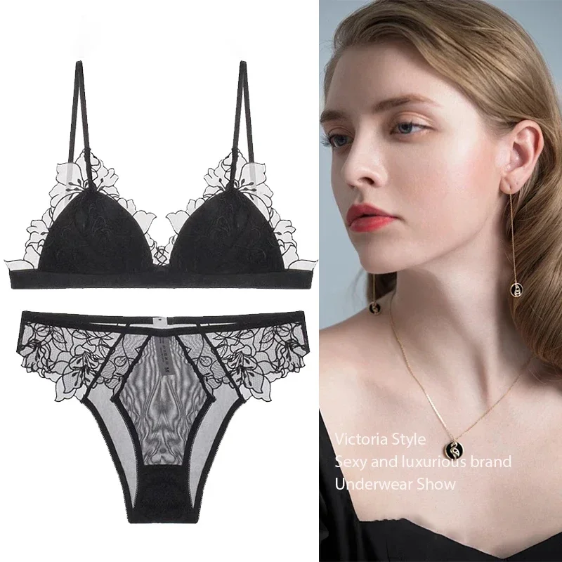 BANERDANNI Pure Desire Victoria French Lace Embroidered Lingerie Women's Thin Cup Triangle Cup Bra Set Comfortable No Underwire thumbnail 6