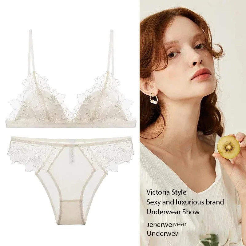 BANERDANNI Pure Desire Victoria French Lace Embroidered Lingerie Women's Thin Cup Triangle Cup Bra Set Comfortable No Underwire thumbnail 5