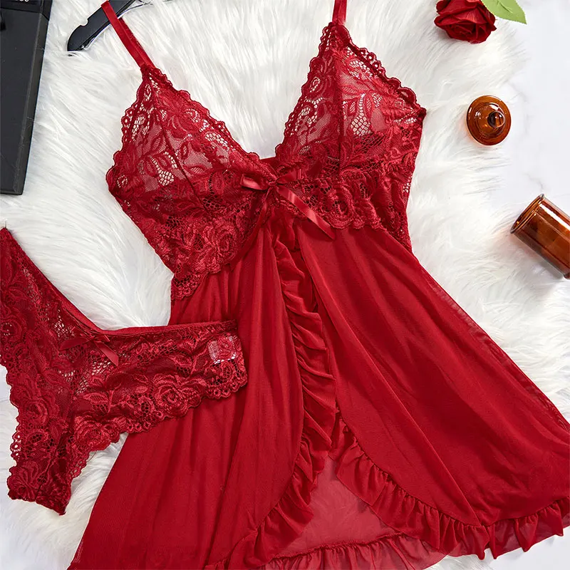 2 Pcs Set Sexy Lingerie Set Women Deep V Slip Dress Thong Erotic Bra Panty Sets Lace Nightdress Transparent Soft Nightgown thumbnail 5