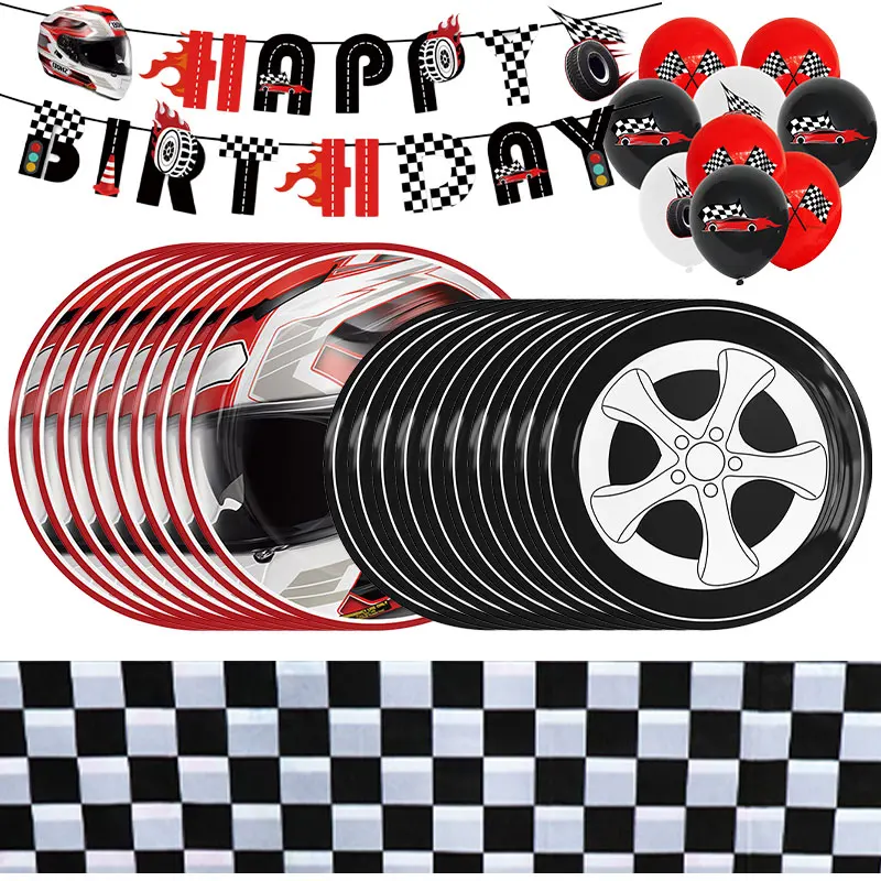 Racing Car Birthday Decoration Tableware Race Car Party Balloons Cups Plates Napkins Tablecloth Kit Backdrop Decor Supplies Set thumbnail 3