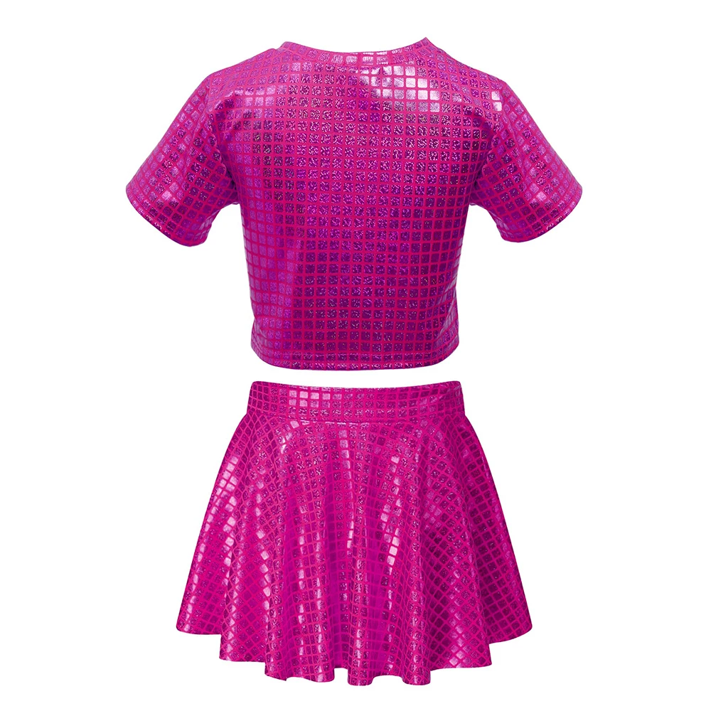 Kids Girl Hip Hop Jazz Outfits Set Short Sleeve Metallic Disco Crop Top with Pleated Mini Skirt Cheerleading Performance Costume thumbnail 2