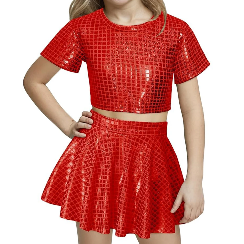 Kids Girl Hip Hop Jazz Outfits Set Short Sleeve Metallic Disco Crop Top with Pleated Mini Skirt Cheerleading Performance Costume thumbnail 4