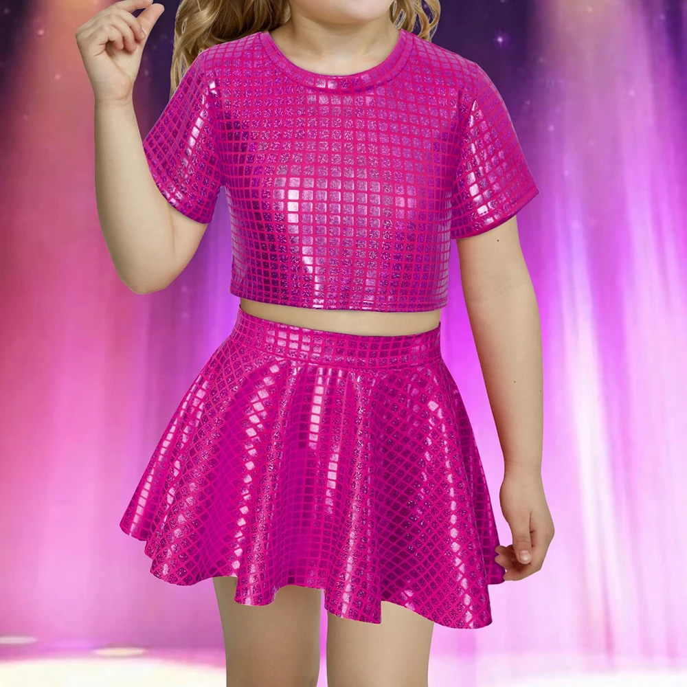 Kids Girl Hip Hop Jazz Outfits Set Short Sleeve Metallic Disco Crop Top with Pleated Mini Skirt Cheerleading Performance Costume thumbnail 3