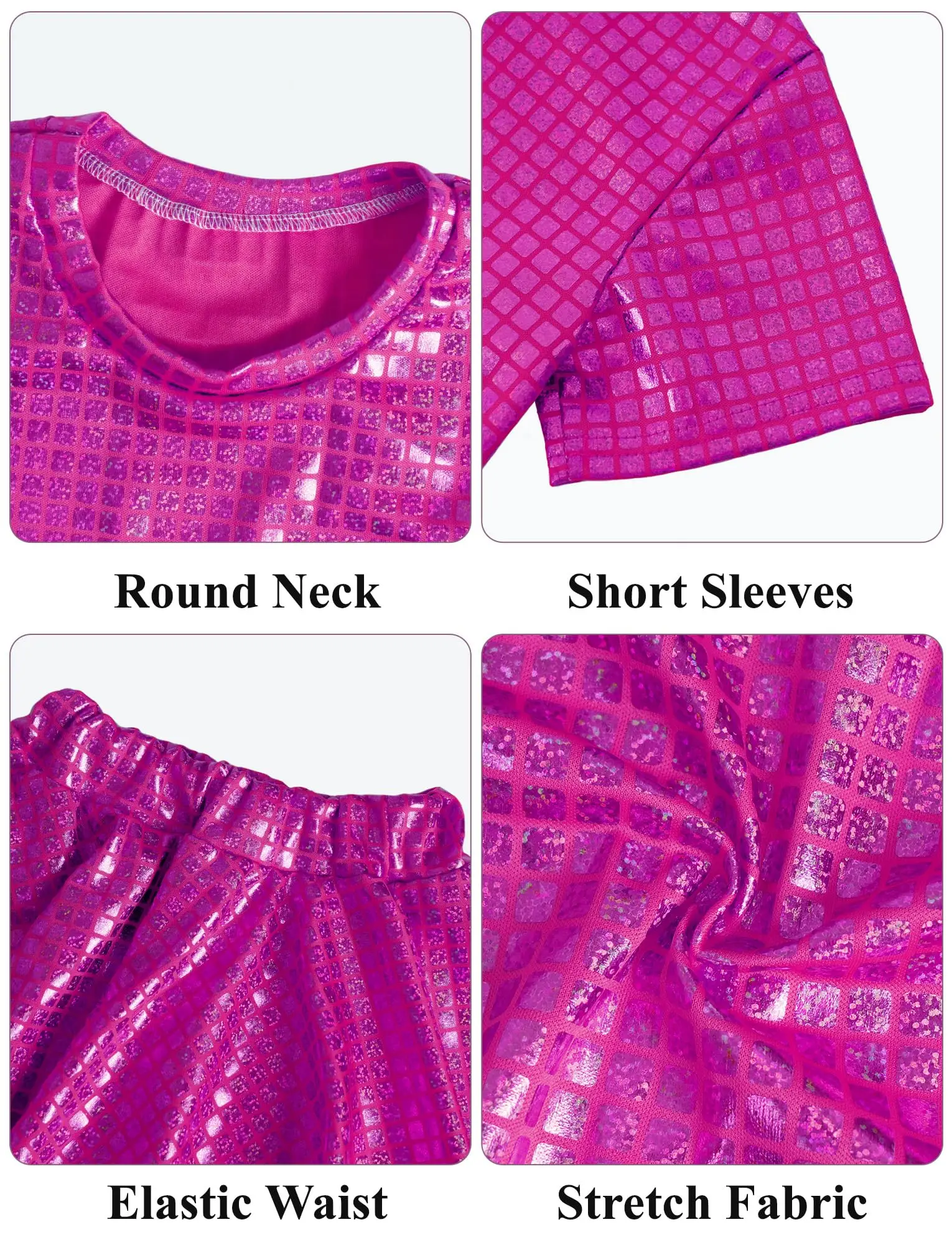 Kids Girl Hip Hop Jazz Outfits Set Short Sleeve Metallic Disco Crop Top with Pleated Mini Skirt Cheerleading Performance Costume thumbnail 5