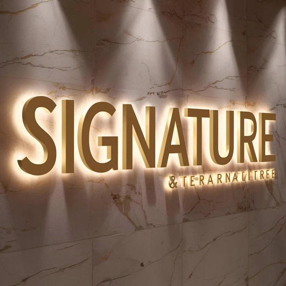 Gold 3D Outdoor Letters Illuminated Metal Backlit Sign Custom LED Lighted Company Business Signage for Indoor/Outdoor Use