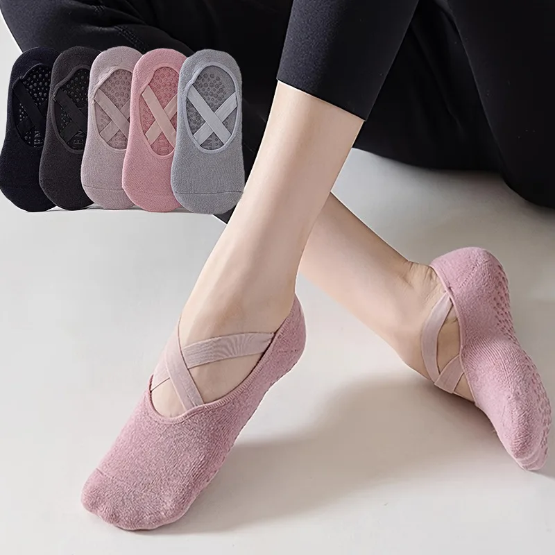 5 Pairs of Women's Non-Slip Yoga Socks for Dance Pilates Gym, Breathable Cotton No-Show Socks with Silicone Grip, Indoor Workout thumbnail 3