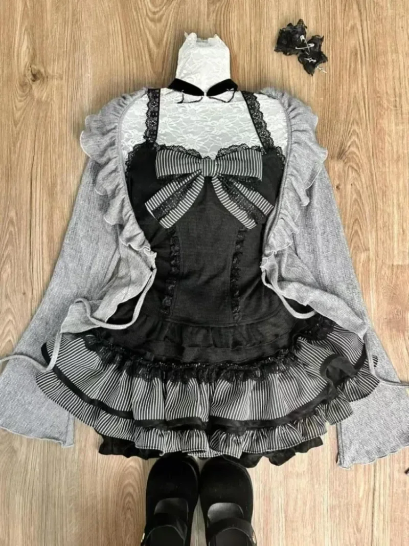 Sweet Lolita Early Autumn Three Piece Set Lace up Ruffles Cardigan Sexy Slim Fit Strapless Vest Tops High Waist Ruched Skirts thumbnail 3