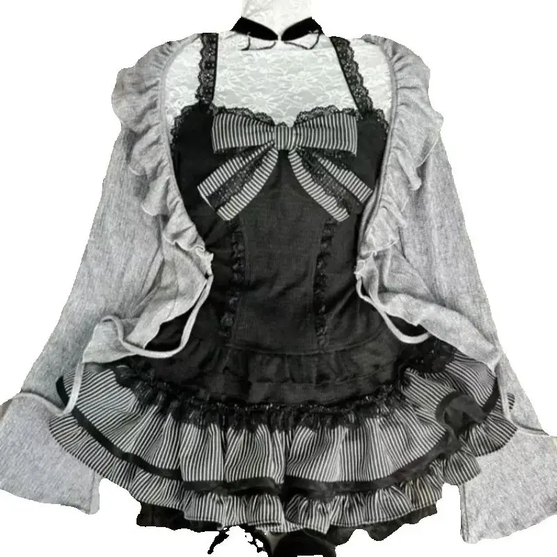 Sweet Lolita Early Autumn Three Piece Set Lace up Ruffles Cardigan Sexy Slim Fit Strapless Vest Tops High Waist Ruched Skirts thumbnail 4