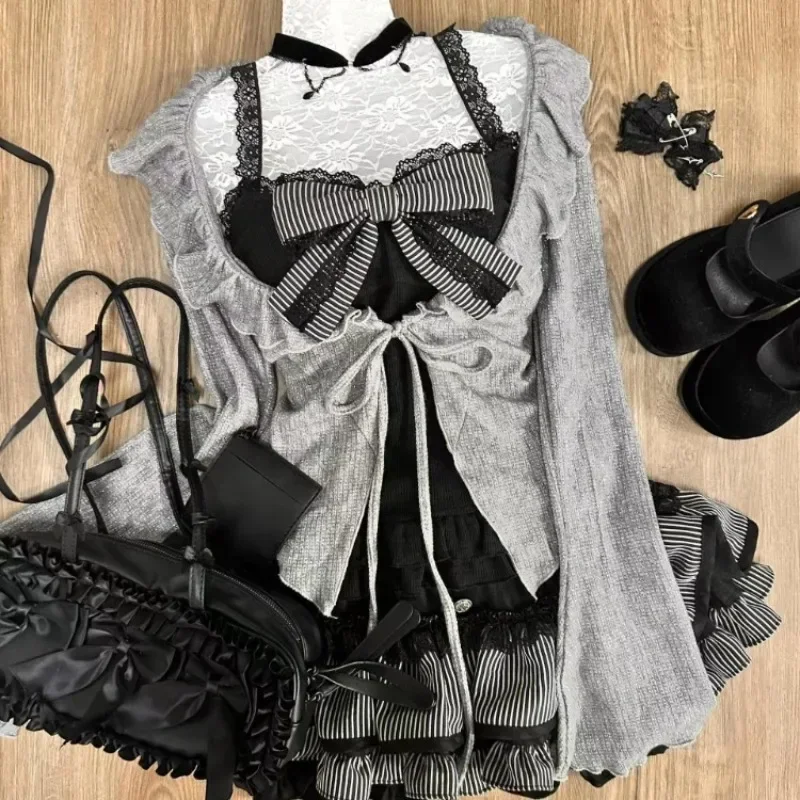 Sweet Lolita Early Autumn Three Piece Set Lace up Ruffles Cardigan Sexy Slim Fit Strapless Vest Tops High Waist Ruched Skirts thumbnail 2