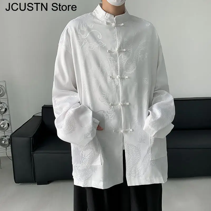 Male Hip Hop Gothic Tops Chinese Style Jacquard Dragon Shirt Harajuku Blouses Satin Streetwear Long Sleeve Tang Clothes thumbnail 4