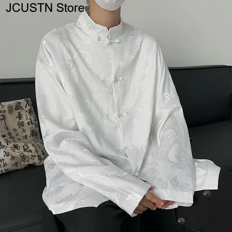 Male Hip Hop Gothic Tops Chinese Style Jacquard Dragon Shirt Harajuku Blouses Satin Streetwear Long Sleeve Tang Clothes thumbnail 5