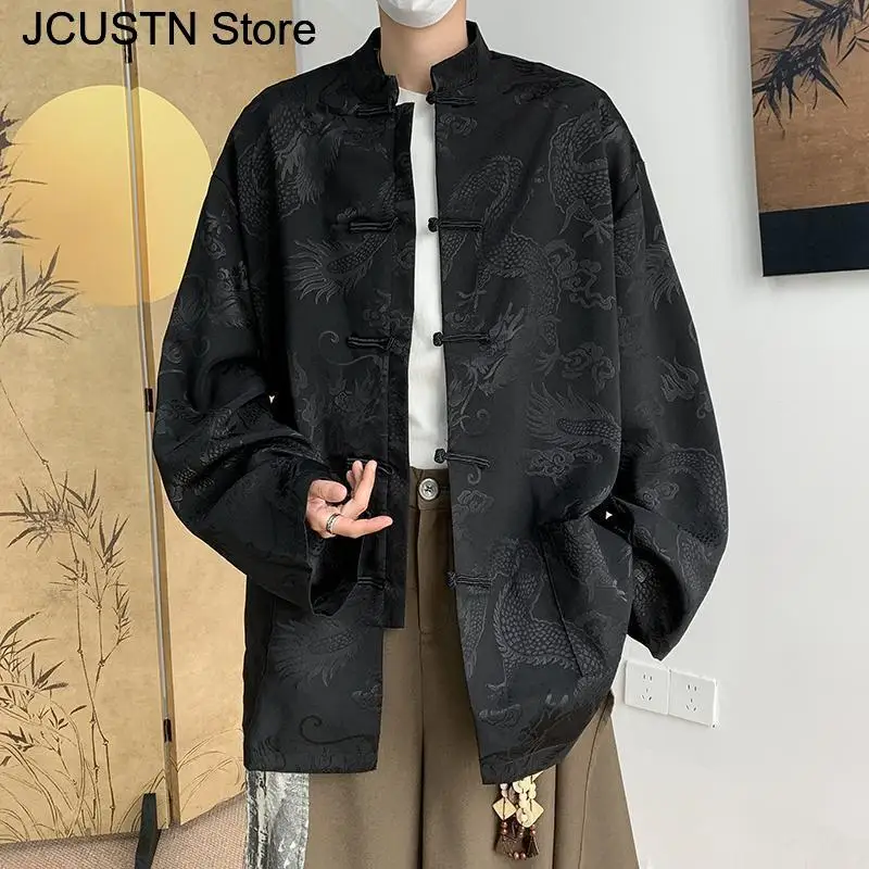 Male Hip Hop Gothic Tops Chinese Style Jacquard Dragon Shirt Harajuku Blouses Satin Streetwear Long Sleeve Tang Clothes thumbnail 2