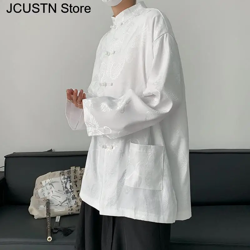 Male Hip Hop Gothic Tops Chinese Style Jacquard Dragon Shirt Harajuku Blouses Satin Streetwear Long Sleeve Tang Clothes thumbnail 3