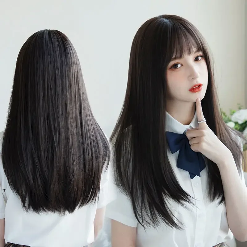 Hair Extensions Synthetic Cute JK Girl Cosplay Air Bangs Wig Breathable Head Cover 50cm Long Straight Wig Hat for Women thumbnail 2