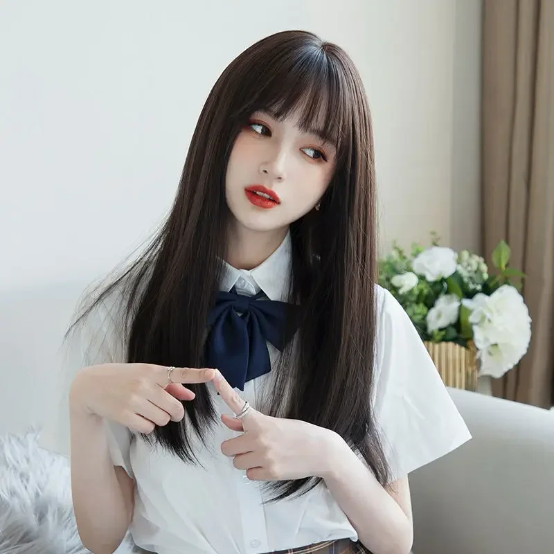 Hair Extensions Synthetic Cute JK Girl Cosplay Air Bangs Wig Breathable Head Cover 50cm Long Straight Wig Hat for Women thumbnail 4