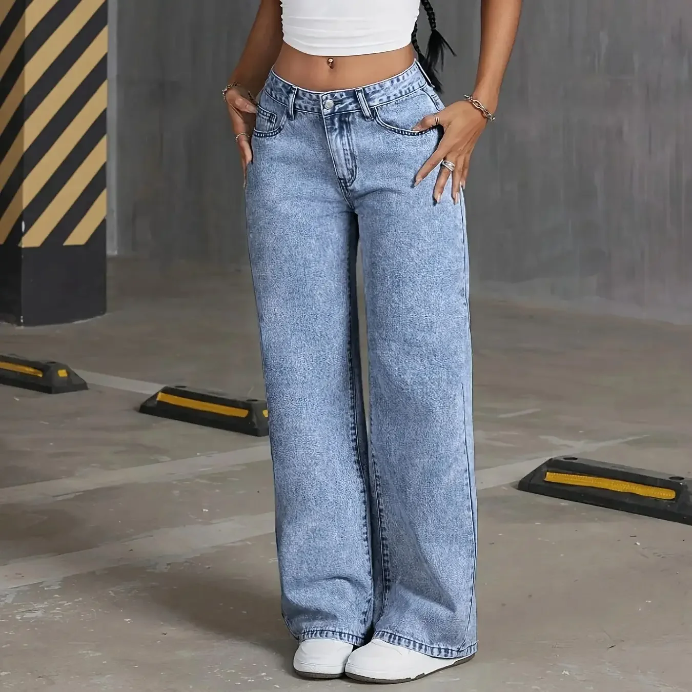 Women's Back Pocket Bow Embroidered Fashionable Wide Leg Pants Versatile Washed Denim Trousers thumbnail 6