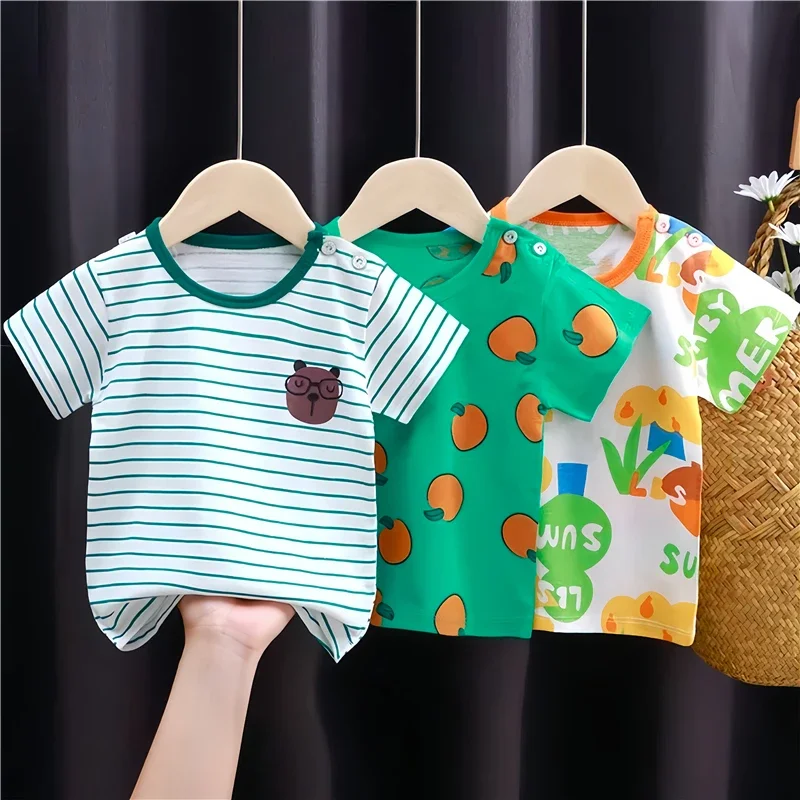 Summer Cartoon T-shirt for Kids 2025 Animal Printing Dinosaur Cat Design Boys Girls Striped Tops Tees Baby Clothes