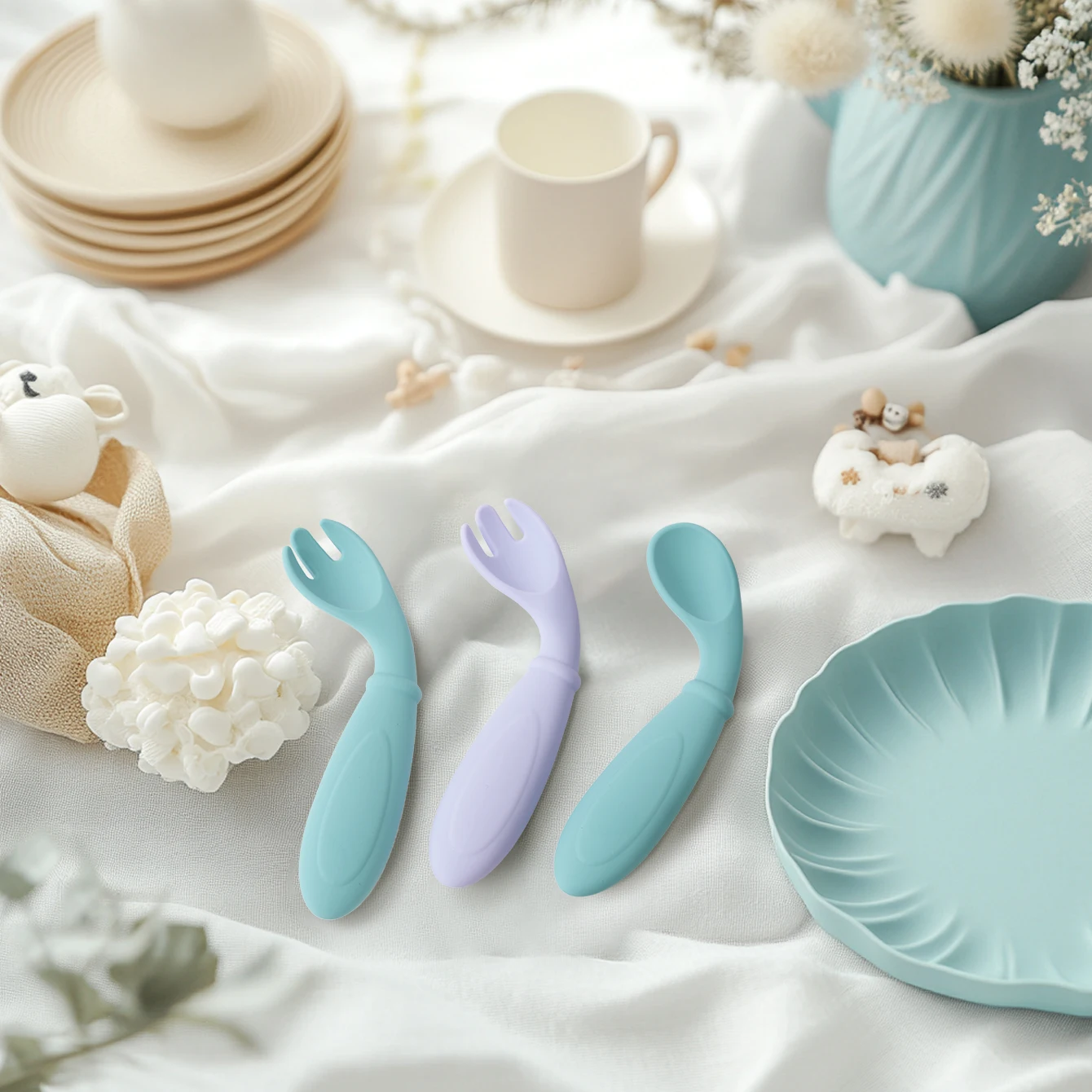 2PCS Silicone Baby Spoon Fork Set BPA Free Self Feeding Training Utensils for 6M+ Toddlers Travel Safe Cutlery Baby Tableware thumbnail 3