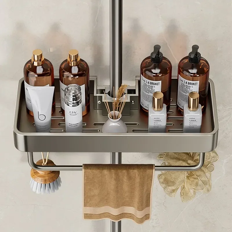 Bathroom Shower Head Holder Wall Mounted No Drilling Required Shampoo Organizer Rack Integrated Design Storage Shelf thumbnail 3