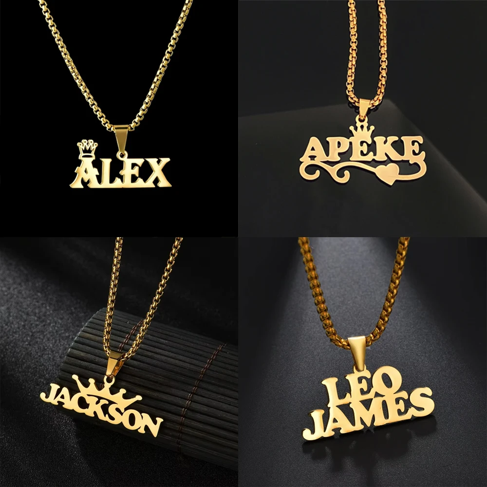 Lemegeton Custom Name Necklace Men Stainless Steel Jewelry Personalized Crown Pendant Customized Punk Thick Chain Party Gifts