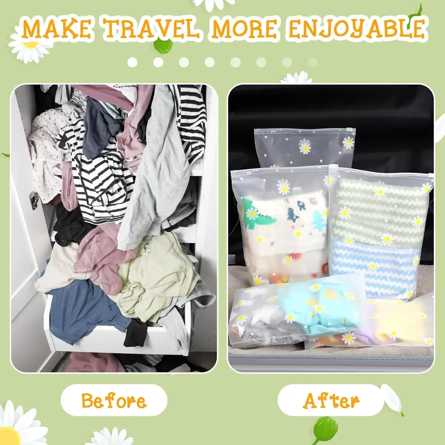 10pcs Storage Bags Daisy Zipper Large Capacity Clothes Shoes Organizer Portable Makeup Toiletry Bags thumbnail 3