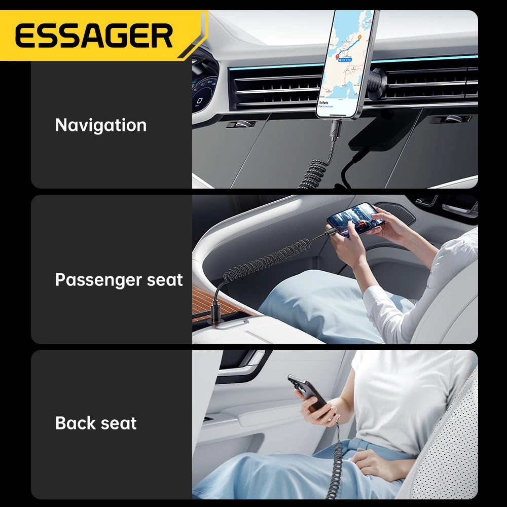 Essager Car Spring Type C Cable  For iPhone 16 15 Xiaomi Samsung 100W PD Fast Charging For Macbook iPad Type C to Type C Cable thumbnail 3