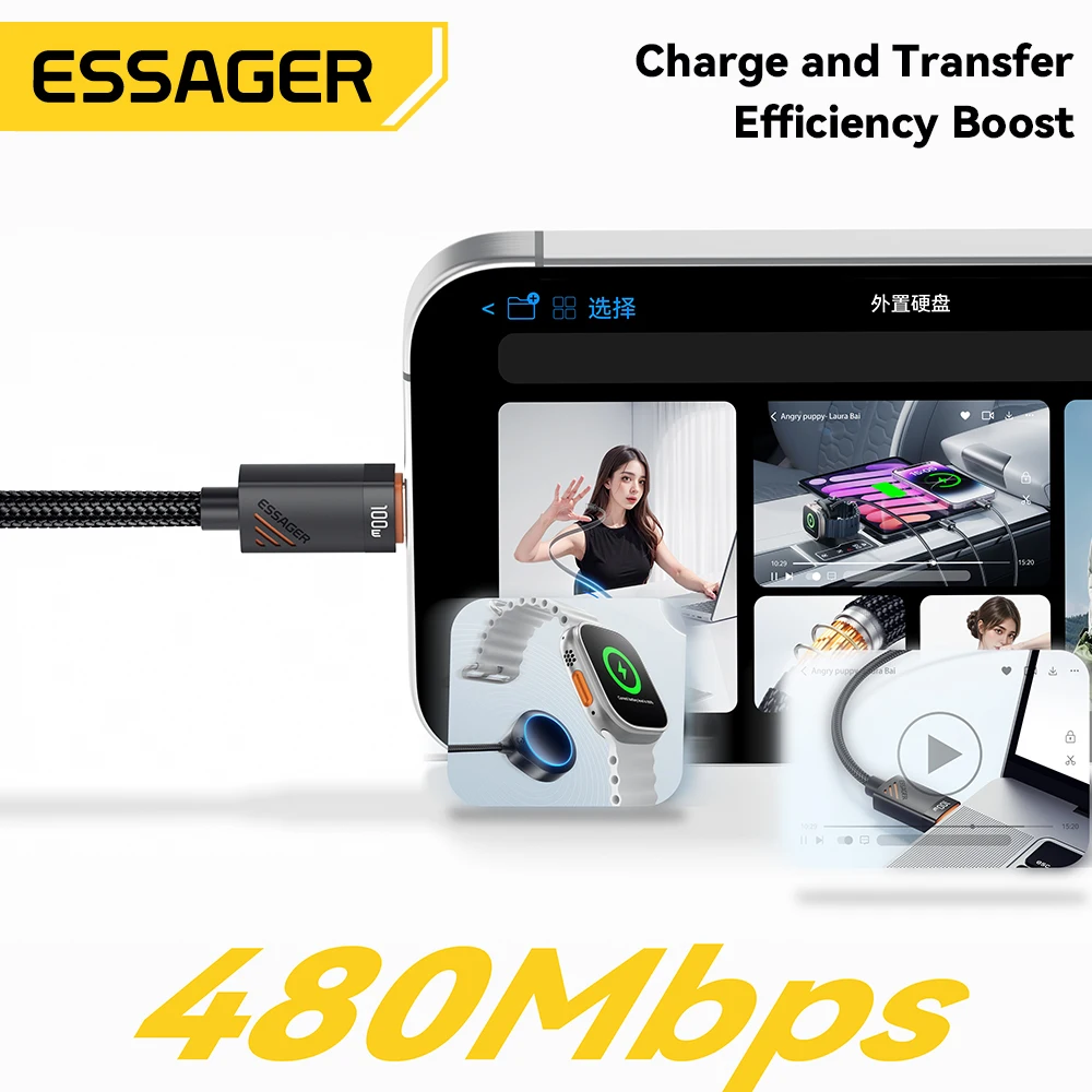 Essager Car Spring Type C Cable  For iPhone 16 15 Xiaomi Samsung 100W PD Fast Charging For Macbook iPad Type C to Type C Cable thumbnail 6