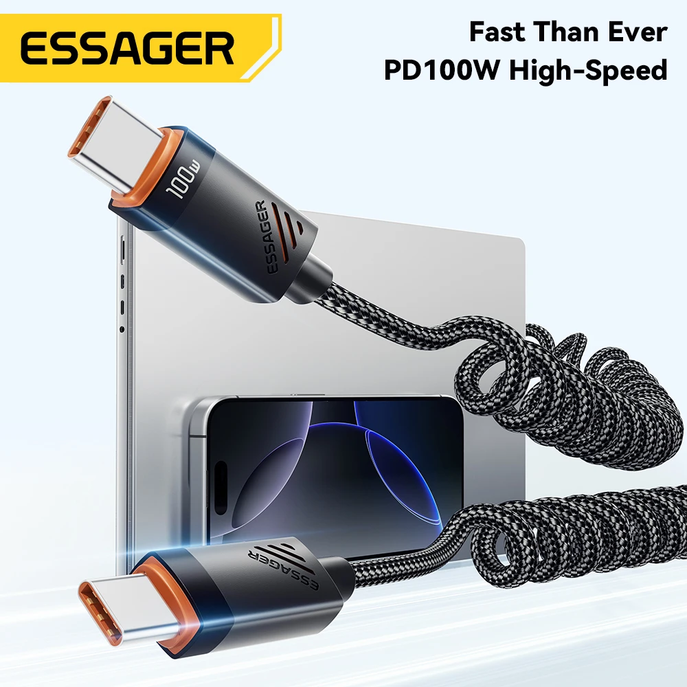 Essager Car Spring Type C Cable  For iPhone 16 15 Xiaomi Samsung 100W PD Fast Charging For Macbook iPad Type C to Type C Cable thumbnail 2