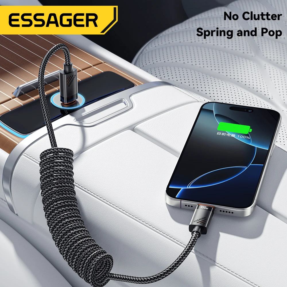 Essager Car Spring Type C Cable  For iPhone 16 15 Xiaomi Samsung 100W PD Fast Charging For Macbook iPad Type C to Type C Cable thumbnail 4