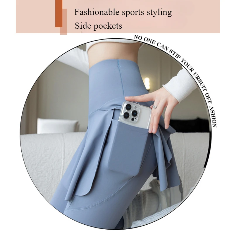 Women Fake Two Pieces Leggings Seamless Fitness Leggings High Waist with Pocket Elastic Slim Fashion Hip Liftting Yoga Pants thumbnail 3
