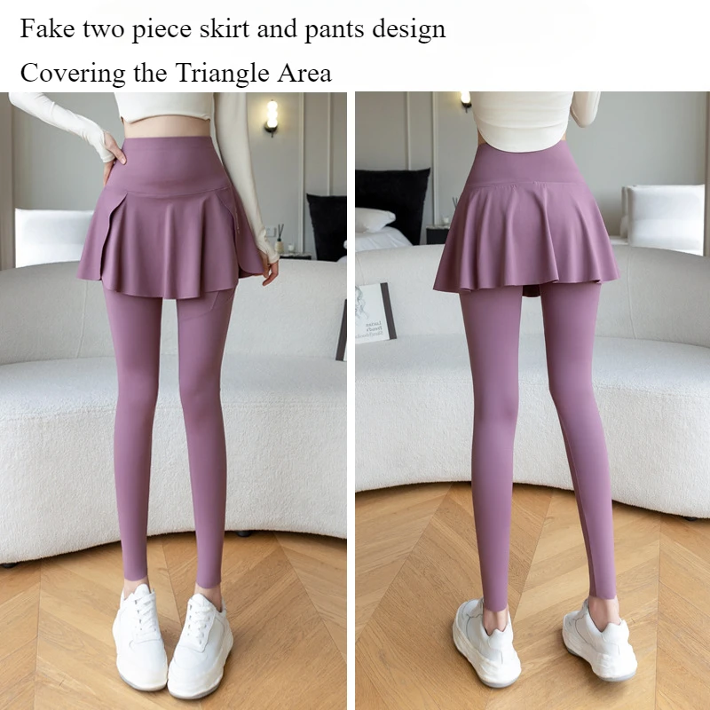Women Fake Two Pieces Leggings Seamless Fitness Leggings High Waist with Pocket Elastic Slim Fashion Hip Liftting Yoga Pants thumbnail 4