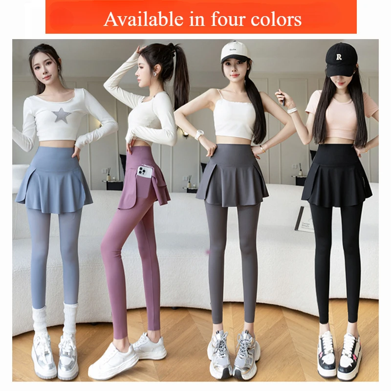 Women Fake Two Pieces Leggings Seamless Fitness Leggings High Waist with Pocket Elastic Slim Fashion Hip Liftting Yoga Pants thumbnail 2
