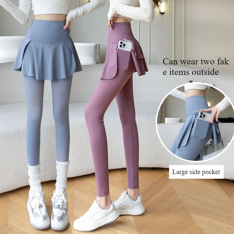 Women Fake Two Pieces Leggings Seamless Fitness Leggings High Waist with Pocket Elastic Slim Fashion Hip Liftting Yoga Pants