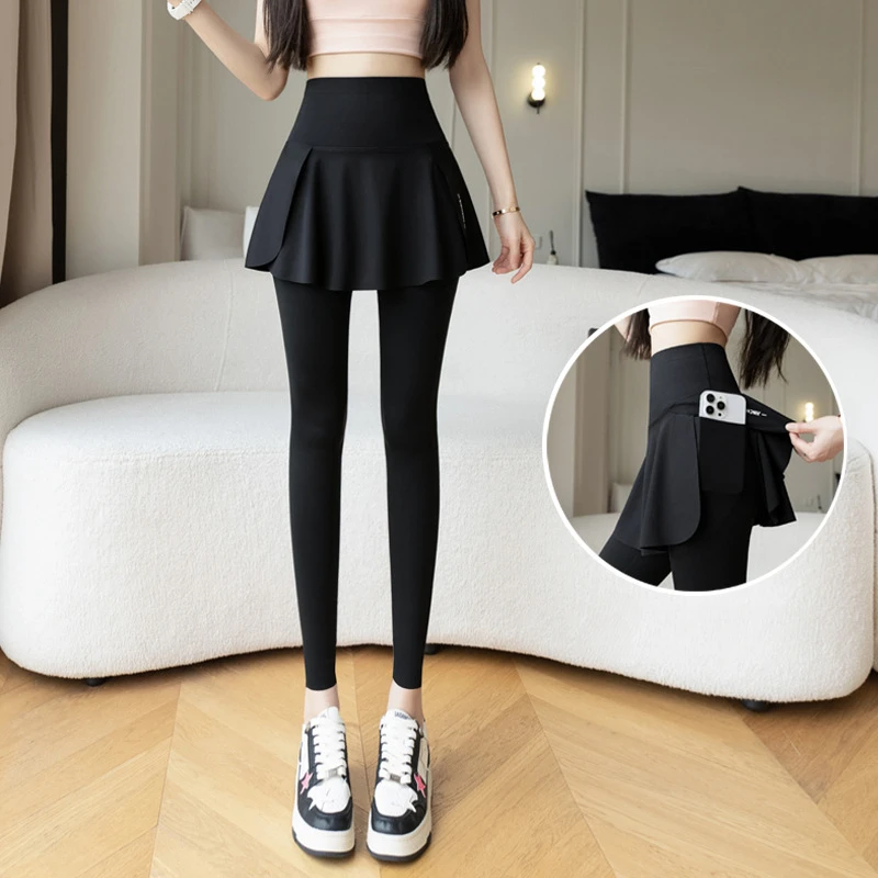 Women Fake Two Pieces Leggings Seamless Fitness Leggings High Waist with Pocket Elastic Slim Fashion Hip Liftting Yoga Pants thumbnail 5