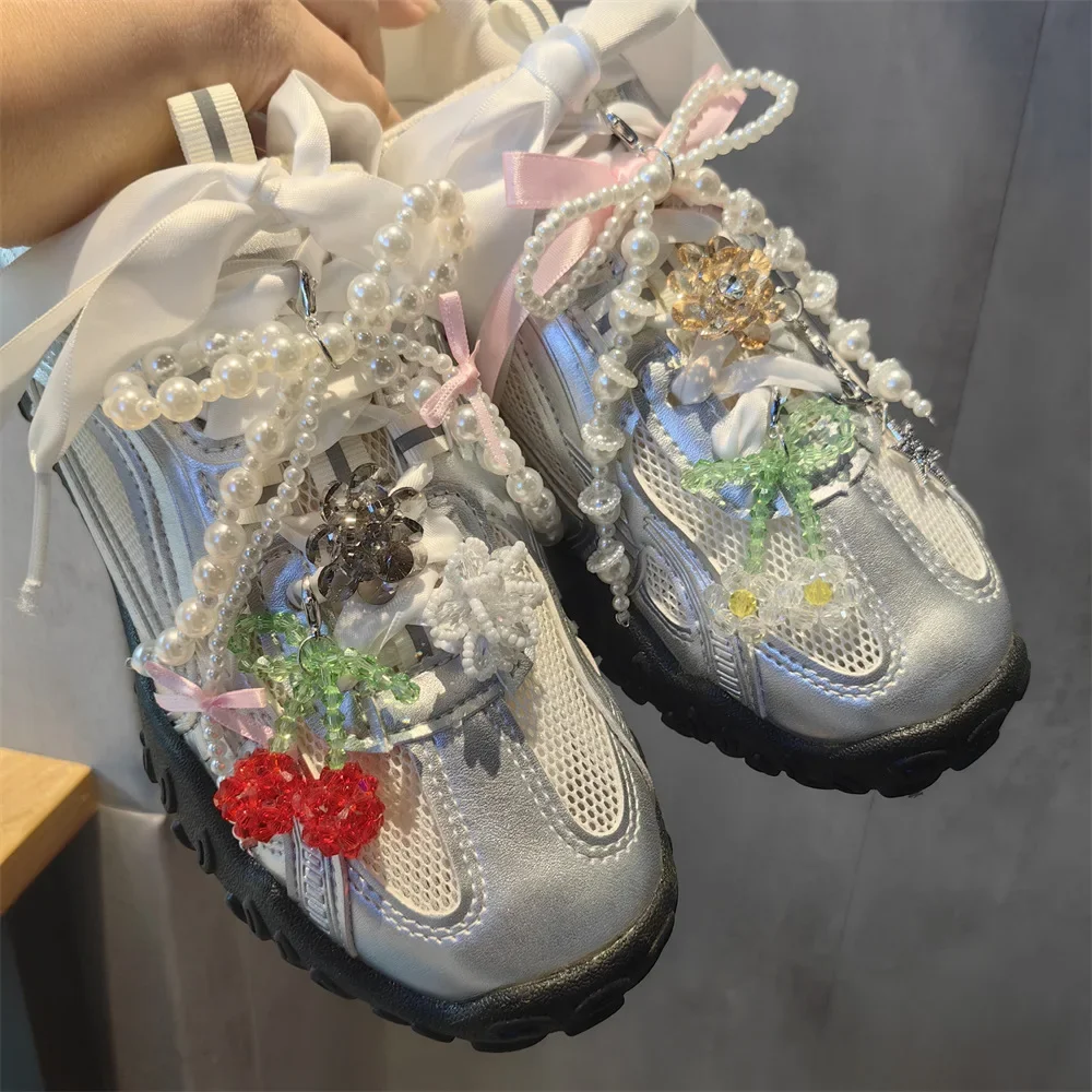 1 PCS Ballet Style Pearl Bow Shoe Decoration Bead Crystal Cherry Flower Shoe Buckle Shoe Flower Shoes Accessories for Woman Man