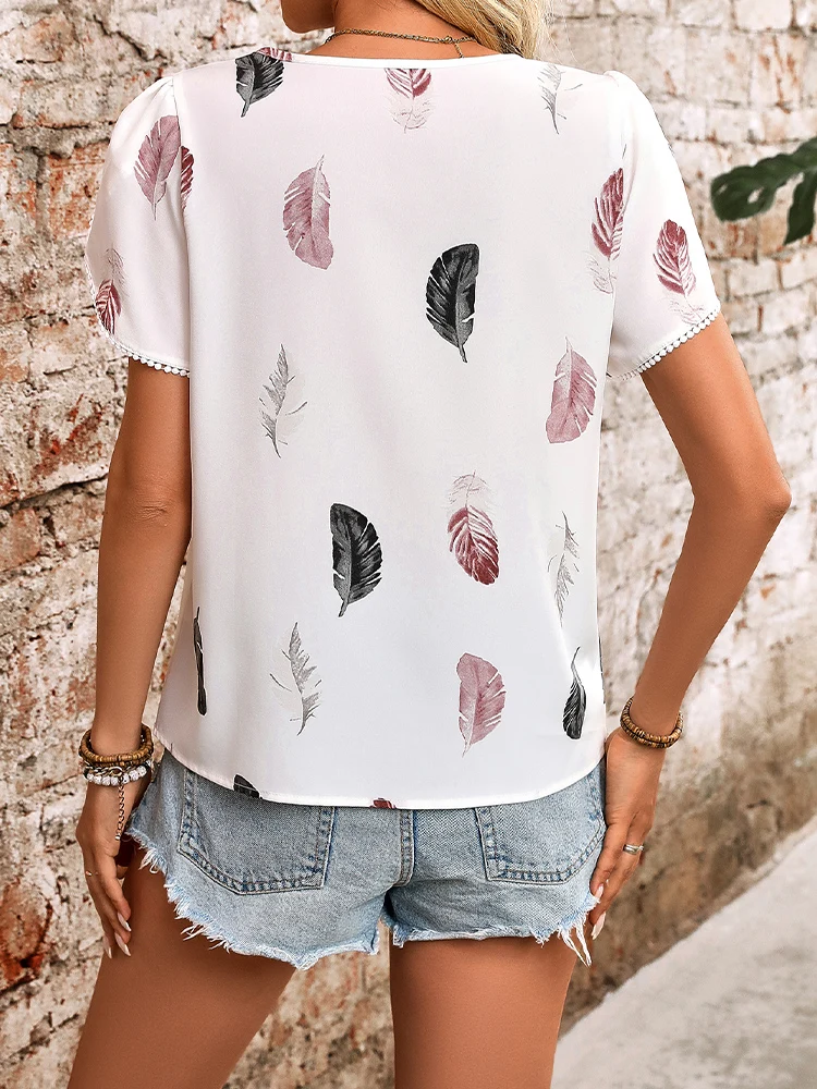 Women's Feather Print Puff Sleeve Round Neck Short Sleeve Shirt thumbnail 2