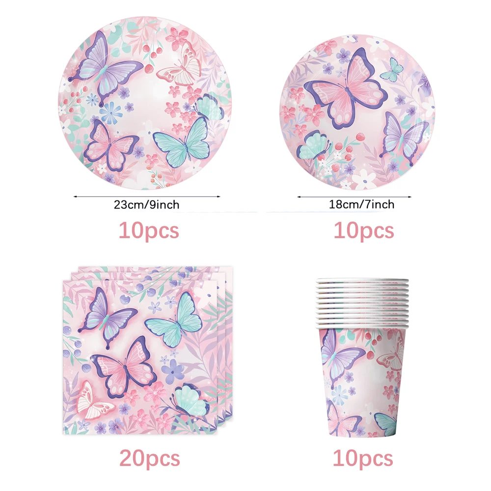 Butterfly Girls Birthday Party Disposable Tableware Fairy Pink Paper Plates Cups Napkin Tablecloth Birthday Party Decorations thumbnail 3