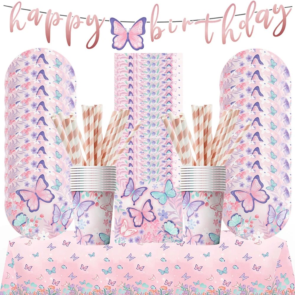 Butterfly Girls Birthday Party Disposable Tableware Fairy Pink Paper Plates Cups Napkin Tablecloth Birthday Party Decorations