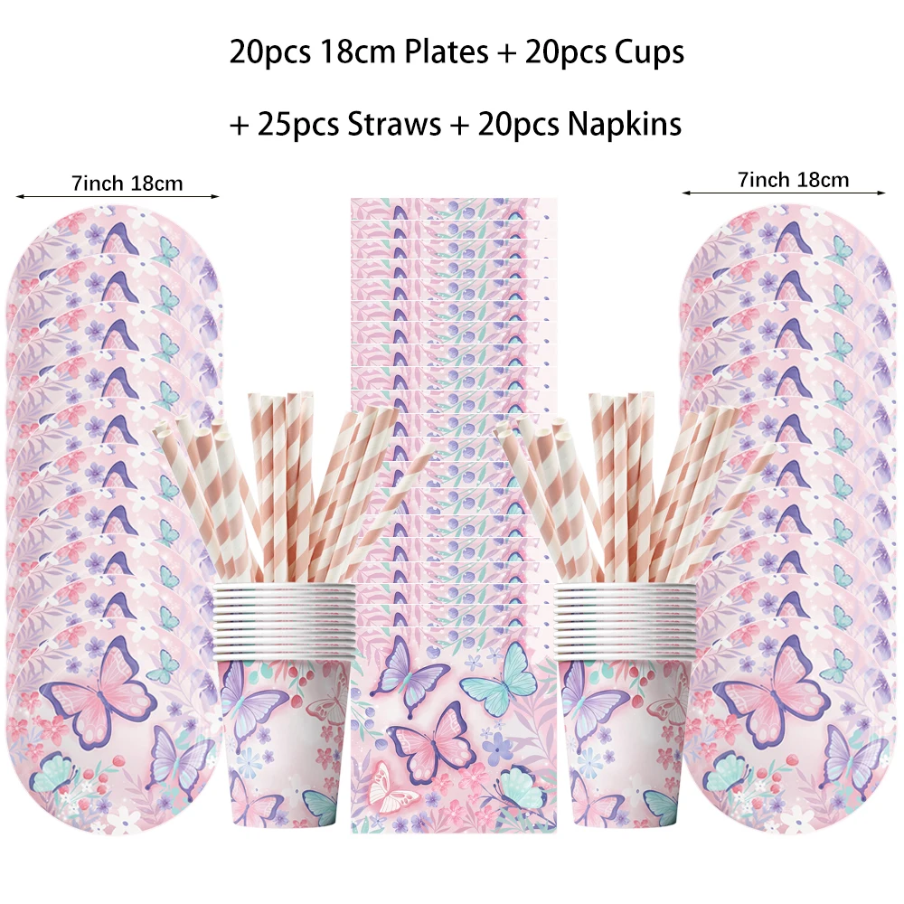 Butterfly Girls Birthday Party Disposable Tableware Fairy Pink Paper Plates Cups Napkin Tablecloth Birthday Party Decorations thumbnail 2