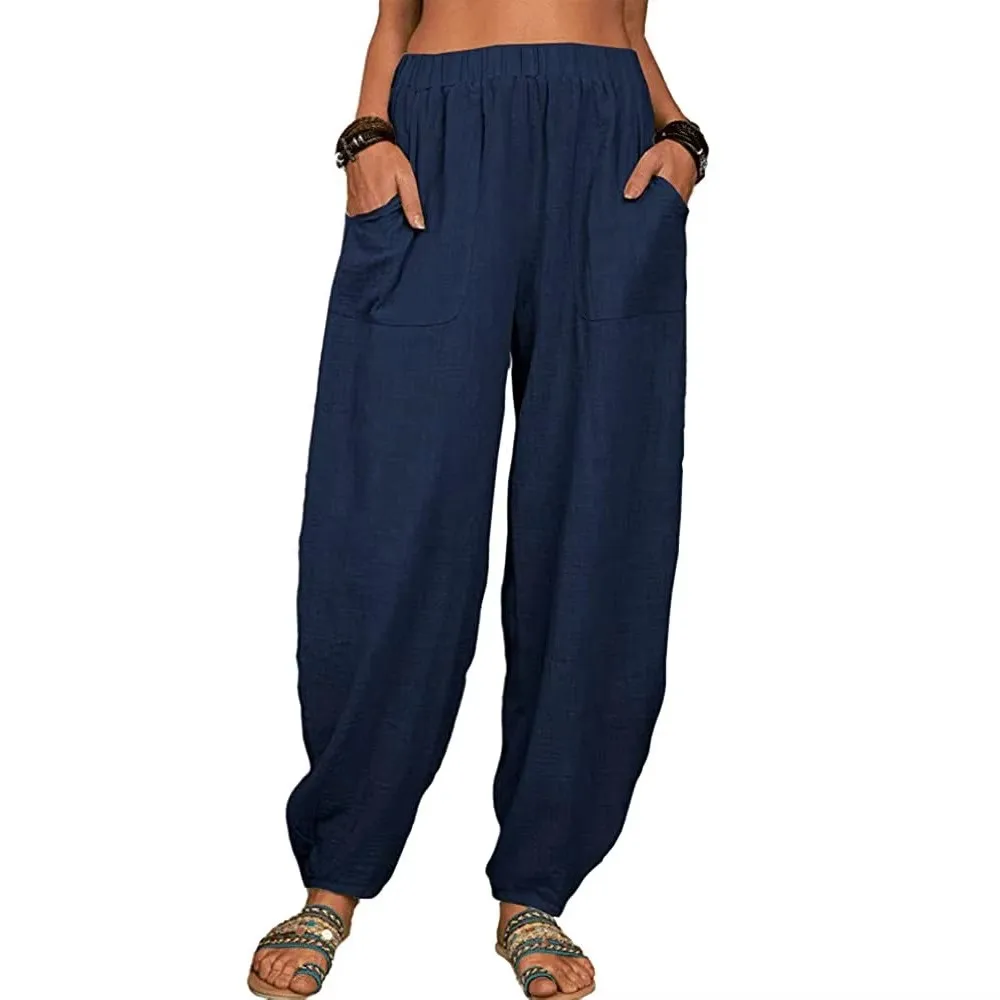 Women Cotton hemp Pants Summer Casual Vintage Pockets Thin Beach Trousers Female Elastic Waist Wide Leg Retro Loose Harem Pants thumbnail 2