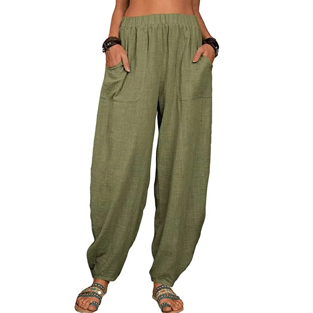 Women Cotton hemp Pants Summer Casual Vintage Pockets Thin Beach Trousers Female Elastic Waist Wide Leg Retro Loose Harem Pants thumbnail 5