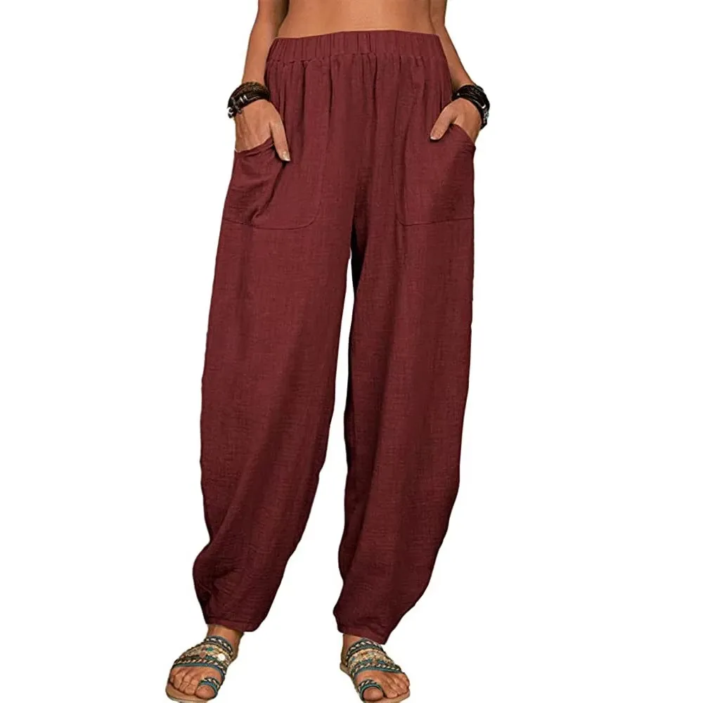 Women Cotton hemp Pants Summer Casual Vintage Pockets Thin Beach Trousers Female Elastic Waist Wide Leg Retro Loose Harem Pants thumbnail 3