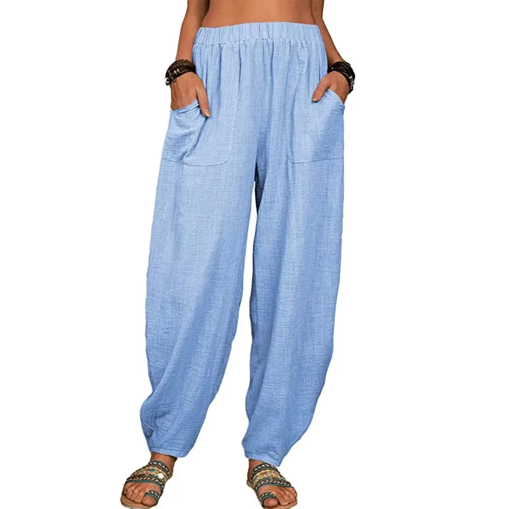 Women Cotton hemp Pants Summer Casual Vintage Pockets Thin Beach Trousers Female Elastic Waist Wide Leg Retro Loose Harem Pants thumbnail 6