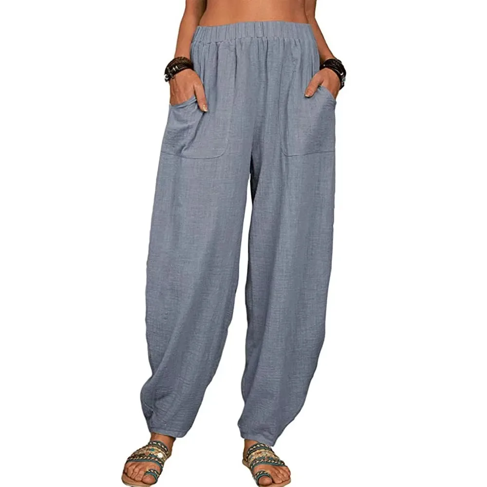 Women Cotton hemp Pants Summer Casual Vintage Pockets Thin Beach Trousers Female Elastic Waist Wide Leg Retro Loose Harem Pants thumbnail 4
