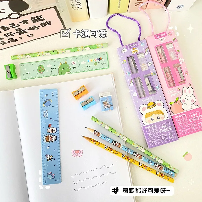 5 in 1 Pencil Set Portable Stationery Prize Cute Cartoon Stationery Gift Box Set School Supplies Writing Tool Stationery Set thumbnail 2