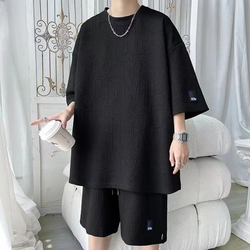 2026 3D Men's new Waffle TZ30 Summer Suit  Casual T-shirt + Shorts Suit Men's Tracksuit Solid color tracksuit loose suit thumbnail 2